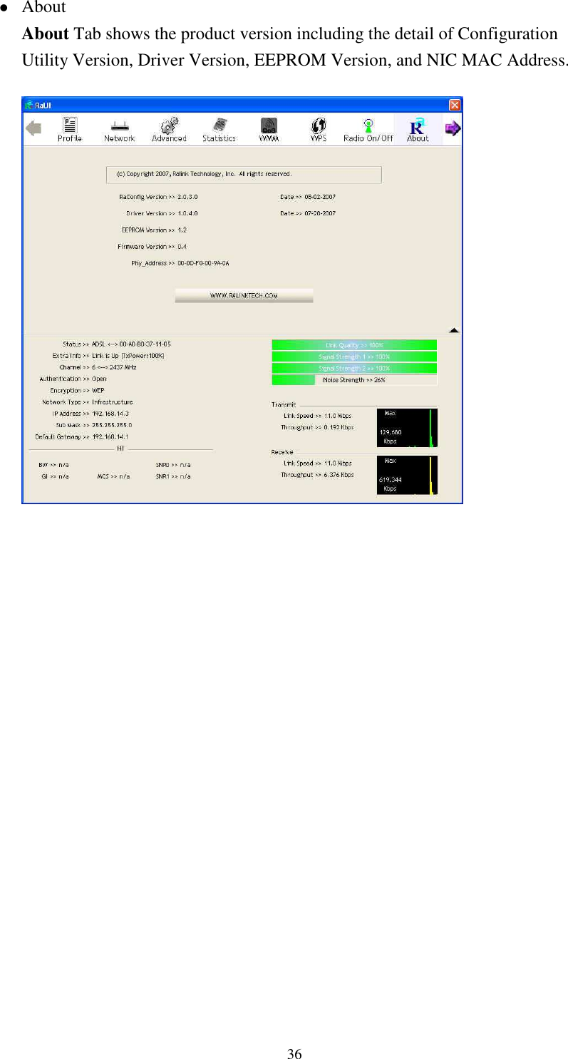   36 About About Tab shows the product version including the detail of Configuration Utility Version, Driver Version, EEPROM Version, and NIC MAC Address.                     