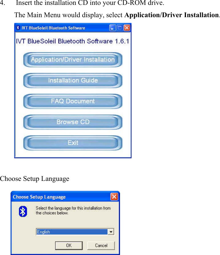 4.      Insert the installation CD into your CD-ROM drive. The Main Menu would display, select Application/Driver Installation.    Choose Setup Language                      