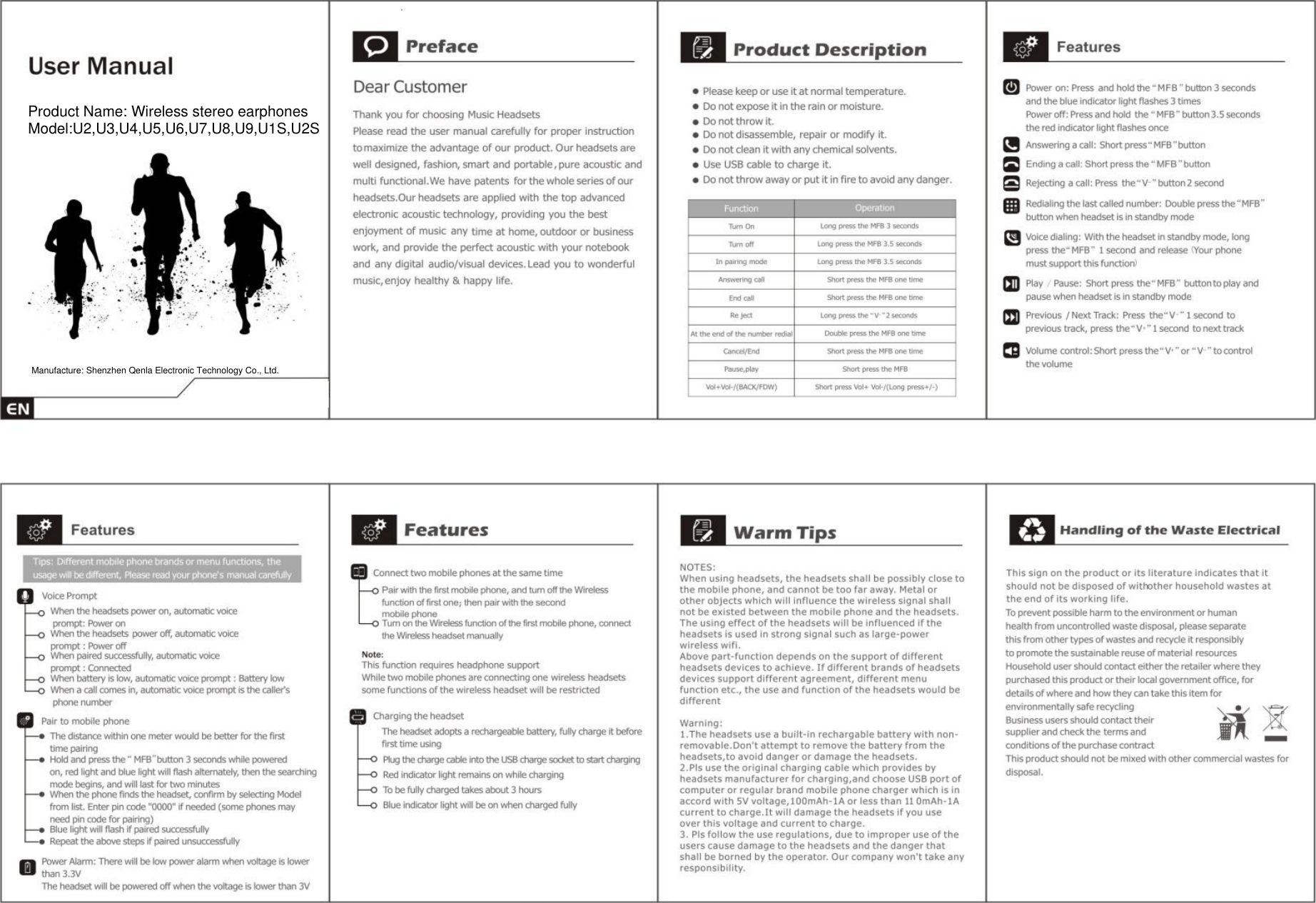  Product Name: Wireless stereo earphonesModel:U2,U3,U4,U5,U6,U7,U8,U9,U1S,U2SManufacture: Shenzhen Qenla Electronic Technology Co., Ltd.