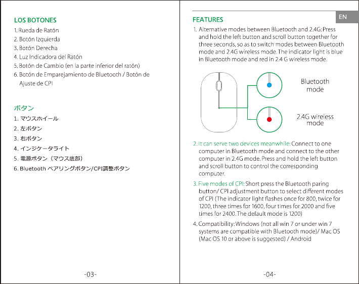 Page 4 of Qianhai Patuoxun Network and Technology PC128A 2.4GHz & BT4.0 Dual mode wireless mouse User Manual 