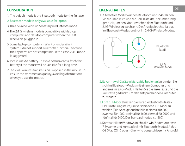 Page 6 of Qianhai Patuoxun Network and Technology PC128A 2.4GHz & BT4.0 Dual mode wireless mouse User Manual 