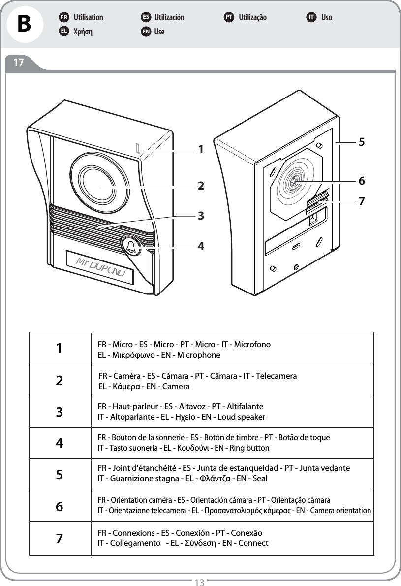 UtilisationΧρήσηUtilizaciónUseUtilização UsoFR ES PT ITEL ENB13171FR - Micro - ES - Micro - PT - Micro - IT - MicrofonoEL - Μικρόφωνο - EN - Microphone2345671234567Mr DUPONDFR - Caméra - ES - Cámara - PT - Câmara - IT - TelecameraEL - Κάμερα - EN - CameraFR - Haut-parleur - ES - Altavoz - PT - AltifalanteIT - Altoparlante - EL - Ηχείο - EN - Loud speakerFR - Bouton de la sonnerie - ES - Botón de timbre - PT - Botão de toque IT - Tasto suoneria - EL - Κουδούνι - EN - Ring buttonFR - Joint d’étanchéité - ES - Junta de estanqueidad - PT - Junta vedante IT - Guarnizione stagna - EL - Φλάντζα - EN - SealFR - Orientation caméra - ES - Orientación cámara - PT - Orientação câmara IT - Orientazione telecamera - EL - Προσανατολισμός κάμερας - EN - Camera orientationFR - Connexions - ES - Conexión - PT - Conexão IT - Collegamento   - EL - Σύνδεση - EN - Connect