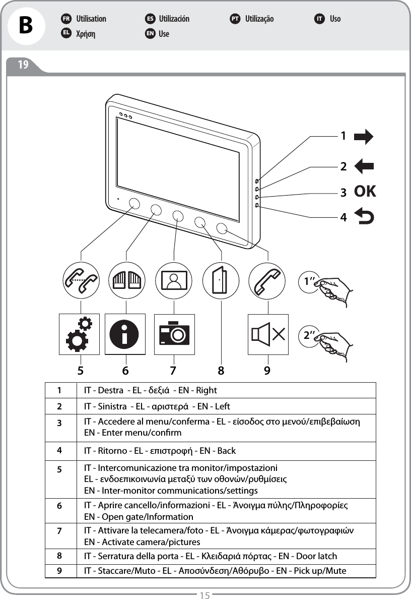 UtilisationΧρήσηUtilizaciónUseUtilização UsoFR ES PT ITEL ENB1915123456 7 8 91’’2’’OKIT - Ritorno - EL - επιστροφή - EN - Back1IT - Destra  - EL - δεξιά  - EN - RightIT - Sinistra  - EL - αριστερά  - EN - LeftIT - Accedere al menu/conferma - EL - είσοδος στο μενού/επιβεβαίωσηEN - Enter menu/conrmIT - Intercomunicazione tra monitor/impostazioniEL - ενδοεπικοινωνία μεταξύ των οθονών/ρυθμίσεις EN - Inter-monitor communications/settingsIT - Aprire cancello/informazioni - EL - Άνοιγμα πύλης/ΠληροφορίεςEN - Open gate/InformationIT - Attivare la telecamera/foto - EL - Άνοιγμα κάμερας/φωτογραφιώνEN - Activate camera/picturesIT - Serratura della porta - EL - Κλειδαριά πόρτας - EN - Door latchIT - Staccare/Muto - EL - Αποσύνδεση/Αθόρυβο - EN - Pick up/Mute23456789