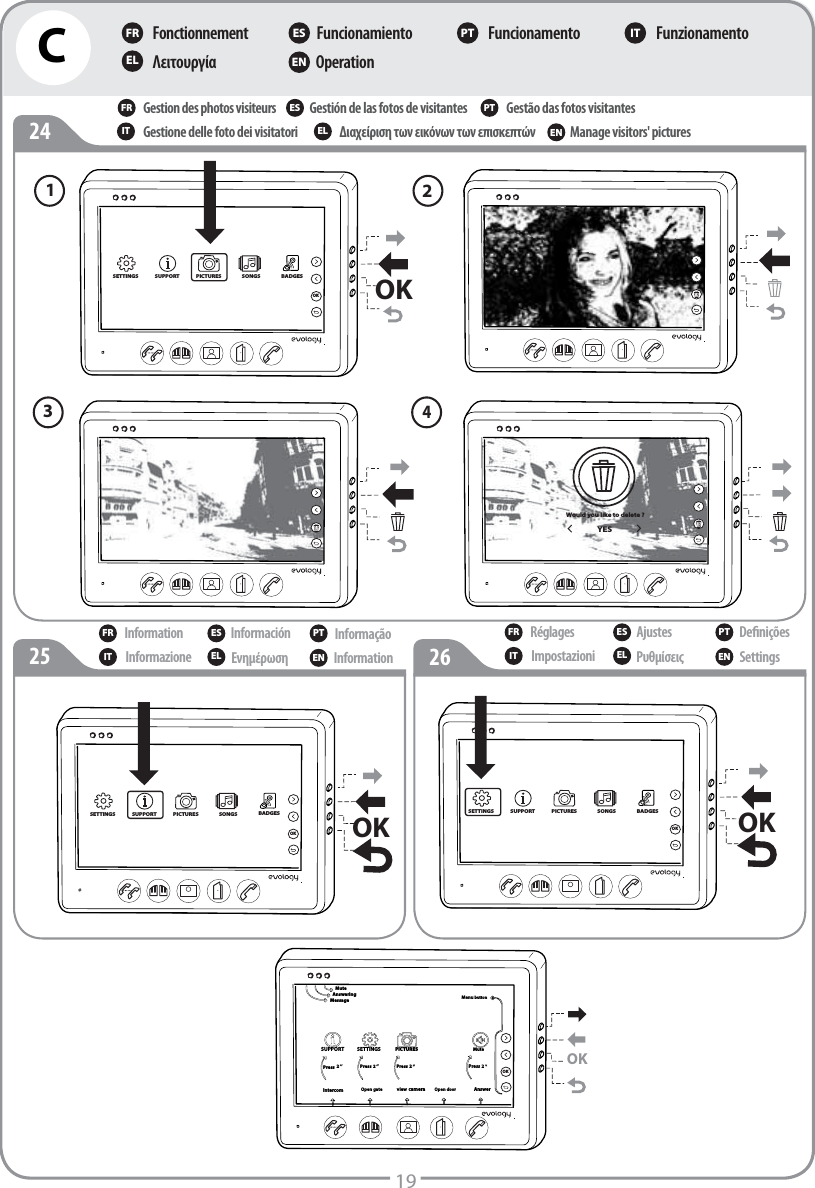 Gestion des photos visiteursΔιαχείριση των εικόνων των επισκεπτώνGestión de las fotos de visitantesManage visitors&apos; picturesGestão das fotos visitantes Gestione delle foto dei visitatoriFR ES PTIT EL ENCFonctionnementΛειτουργίαFuncionamientoOperationFuncionamento FunzionamentoFR ES PT ITEL EN19Information Ενημέρωση Información Information Informação InformazioneFR ES PTIT EL ENRéglages ΡυθμίσειςAjustesSettingsDeﬁniçõesImpostazioniFR ES PTIT EL ENOKOKSETTINGS SUPPORT PICTURES SONGS BADGESOKOKSETTINGS SUPPORT PICTURES SONGS BADGESOKOKSETTINGS SUPPORT PICTURES SONGS BADGESWould you like to delete ?YES1234OKOKMenu button Mute Press 2‘’Answer Open door view camera Open gate Intercom SETTINGS SUPPORT PICTURES Message Answering Mute Press2‘’Press 2‘’Press 2‘’2425 26
