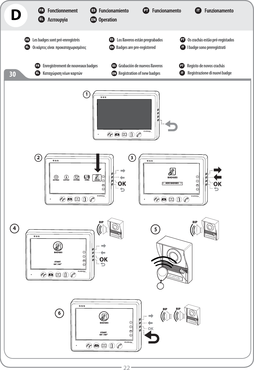 D22FonctionnementΛειτουργίαFuncionamientoOperationFuncionamento FunzionamentoFR ES PT ITEL ENMr DUPONDBIPBIPOKOKBADGESSTART00’ / 00”OKOKSETTINGS SUPPORT PICTURES SONGS BADGESOKOKBADGESSTART04’ / 00”Mr DUPONDBIPMr DUPONDMr DUPONDBIPOKOKBADGESADD BADGES34263051 Les badges sont pré-enregistrésΟι κάρτες είναι  προκαταχωρισμένεςLos llaveros están pregrabadosBadges are pre-registeredOs crachás estão pré-registados I badge sono preregistratiFR ES PTITEL ENEnregistrement de nouveaux badgesΚαταχώριση νέων καρτώνGrabación de nuevos llaverosRegistration of new badgesRegisto de novos crachásRegistrazione di nuovi badge FR ES PTITEL EN