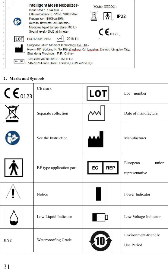  31 2、Marks and Symbols  CE mark  Lot    number  Separate collection  Date of manufacture  See the Instruction  Manufacturer  BF type application part  European  union representative  Notice  Power Indicator  Low Liquid Indicator  Low Voltage Indicator IP22 Waterproofing Grade  Environment-friendly Use Period   