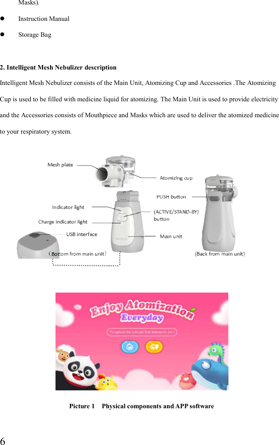  6Masks).  Instruction Manual  Storage Bag  2. Intelligent Mesh Nebulizer description Intelligent Mesh Nebulizer consists of the Main Unit, Atomizing Cup and Accessories .The Atomizing Cup is used to be filled with medicine liquid for atomizing. The Main Unit is used to provide electricity and the Accessories consists of Mouthpiece and Masks which are used to deliver the atomized medicine to your respiratory system.        Picture 1    Physical components and APP software  