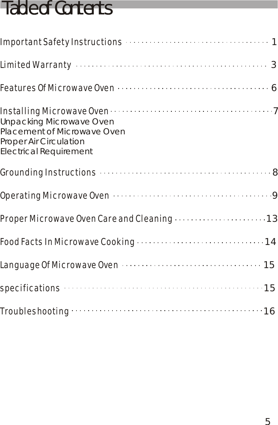 Table of ContentsImportant Safety Instructions                                                                                        Limited  1Warranty                                                                                                                        Features Of Microwave Oven                                                                                              Installing Microwave Oven                                                                                                 Grounding Instructions                                                                                                        Operating Microwave Oven                                                                                                Proper Microwave Oven Care and Cleaning                                                        Food Facts In Microwave Cooking                                                                              Language Of Microwave Oven                                                                                       specifications                                                                                                                          Troubleshooting                                                                                                                        36 7 8 913141515   16Unpacking Microwave Oven                                                                   Placement of Microwave Oven                                                              Proper Air Circulation                                                                               Electrical Requirement                                                                                                      Table of ContentsTable of Contents5