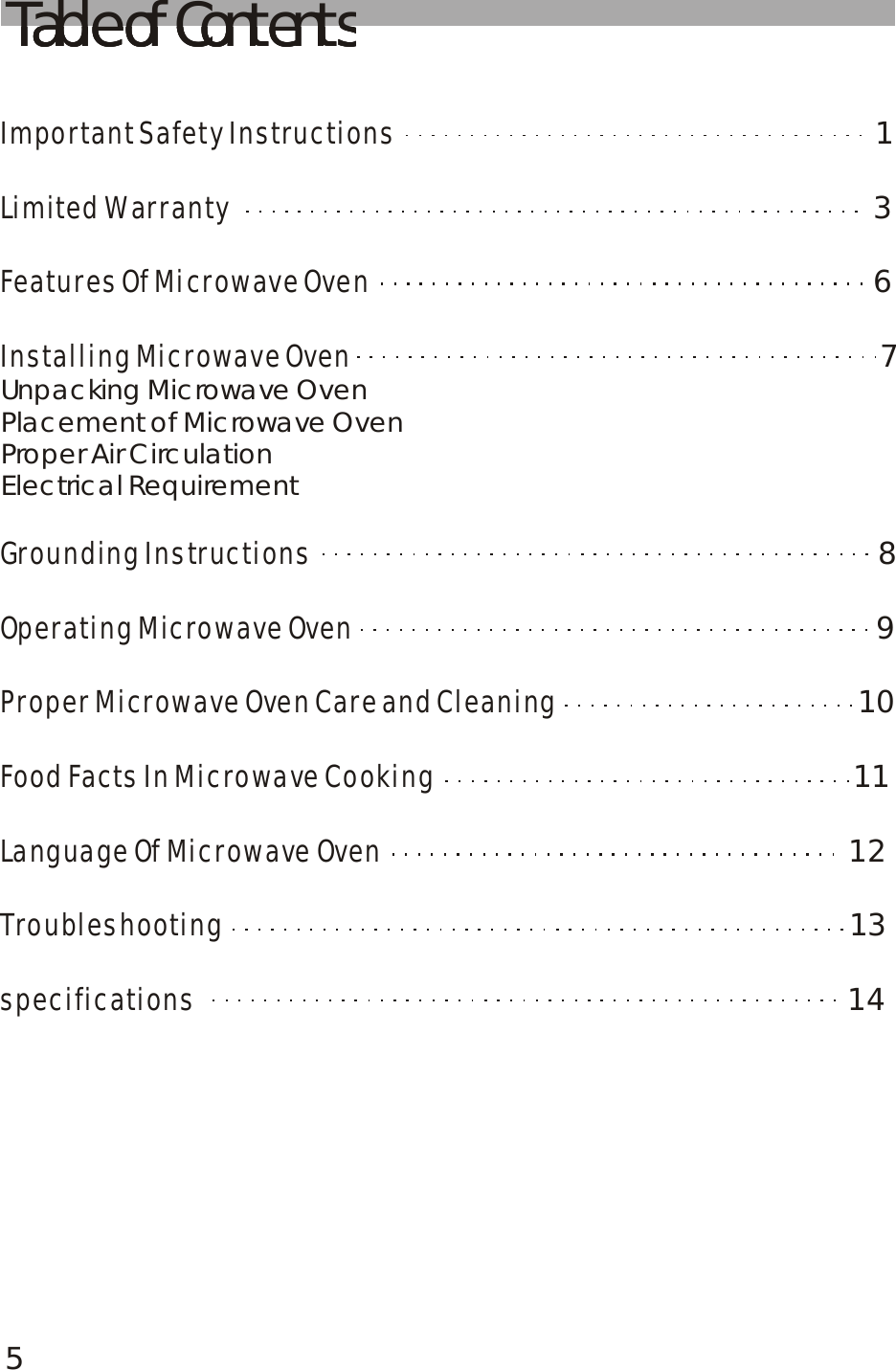 Table of ContentsImportant Safety Instructions                                                                                        Limited  1Warranty                                                                                                                        Features Of Microwave Oven                                                                                              Installing Microwave Oven                                                                                                 Grounding Instructions                                                                                                        Operating Microwave Oven                                                                                                Proper Microwave Oven Care and Cleaning                                                        Food Facts In Microwave Cooking                                                                              Language Of Microwave Oven                                                                                       Troubleshooting                                                                                                                specifications                                                                                                                             36 7 8 9101112   13   14Unpacking Microwave Oven                                                                   Placement of Microwave Oven                                                              Proper Air Circulation                                                                               Electrical Requirement                                                                                                      Table of ContentsTable of Contents5