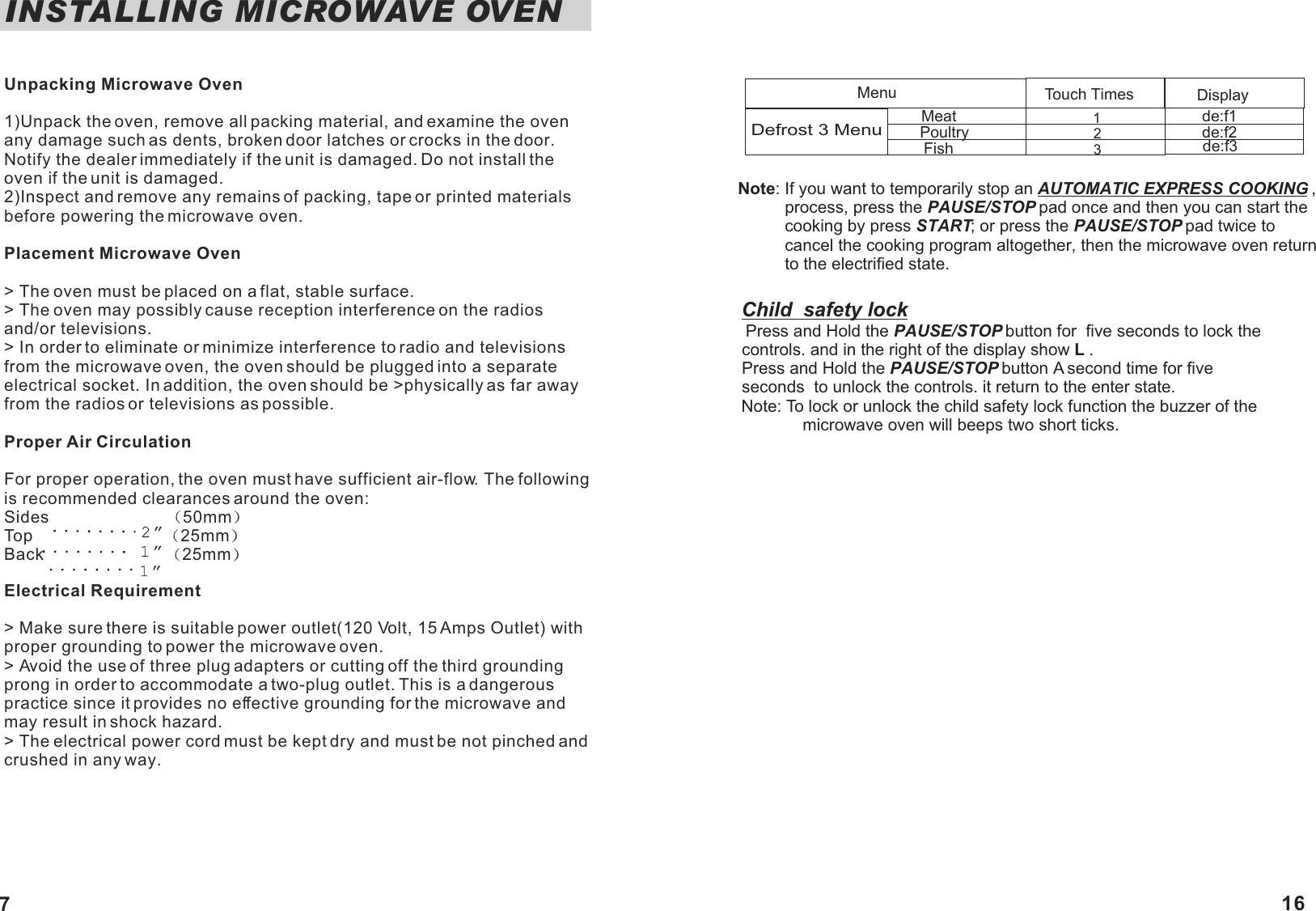 INSTALLING MICROWAVE OVENUnpacking Microwave Oven1)Unpack the oven, remove all packing material, and examine the oven any damage such as dents, broken door latches or crocks in the door. Notify the dealer immediately if the unit is damaged. Do not install the oven if the unit is damaged.2)Inspect and remove any remains of packing, tape or printed materials before powering the microwave oven.Placement Microwave Oven> The oven must be placed on a flat, stable surface.> The oven may possibly cause reception interference on the radios and/or televisions.> In order to eliminate or minimize interference to radio and televisions from the microwave oven, the oven should be plugged into a separate electrical socket. In addition, the oven should be >physically as far away from the radios or televisions as possible.Proper Air CirculationFor proper operation, the oven must have sufficient air-flow. The following is recommended clearances around the oven: Sides                          50mmTop                             25mmBack                           25mm                 Electrical Requirement> Make sure there is suitable power outlet(120 Volt, 15 Amps Outlet) with proper grounding to power the microwave oven.> Avoid the use of three plug adapters or cutting off the third grounding prong in order to accommodate a two-plug outlet. This is a dangerous practice since it provides no effective grounding for the microwave and may result in shock hazard.> The electrical power cord must be kept dry and must be not pinched and crushed in any way.         Child  safety lock          Press and Hold the PAUSE/STOP button for  five seconds to lock the           controls. and in the right of the display show L .          Press and Hold the PAUSE/STOP button A second time for five           seconds  to unlock the controls. it return to the enter state.          Note: To lock or unlock the child safety lock function the buzzer of the                        microwave oven will beeps two short ticks.   123Defrost 3 MenuMenu Touch Times Displayde:f1de:f2de:f3MeatPoultryFishNote: If you want to temporarily stop an AUTOMATIC EXPRESS COOKING ,           process, press the PAUSE/STOP pad once and then you can start the           cooking by press START; or press the PAUSE/STOP pad twice to           cancel the cooking program altogether, then the microwave oven return           to the electrified state.  716