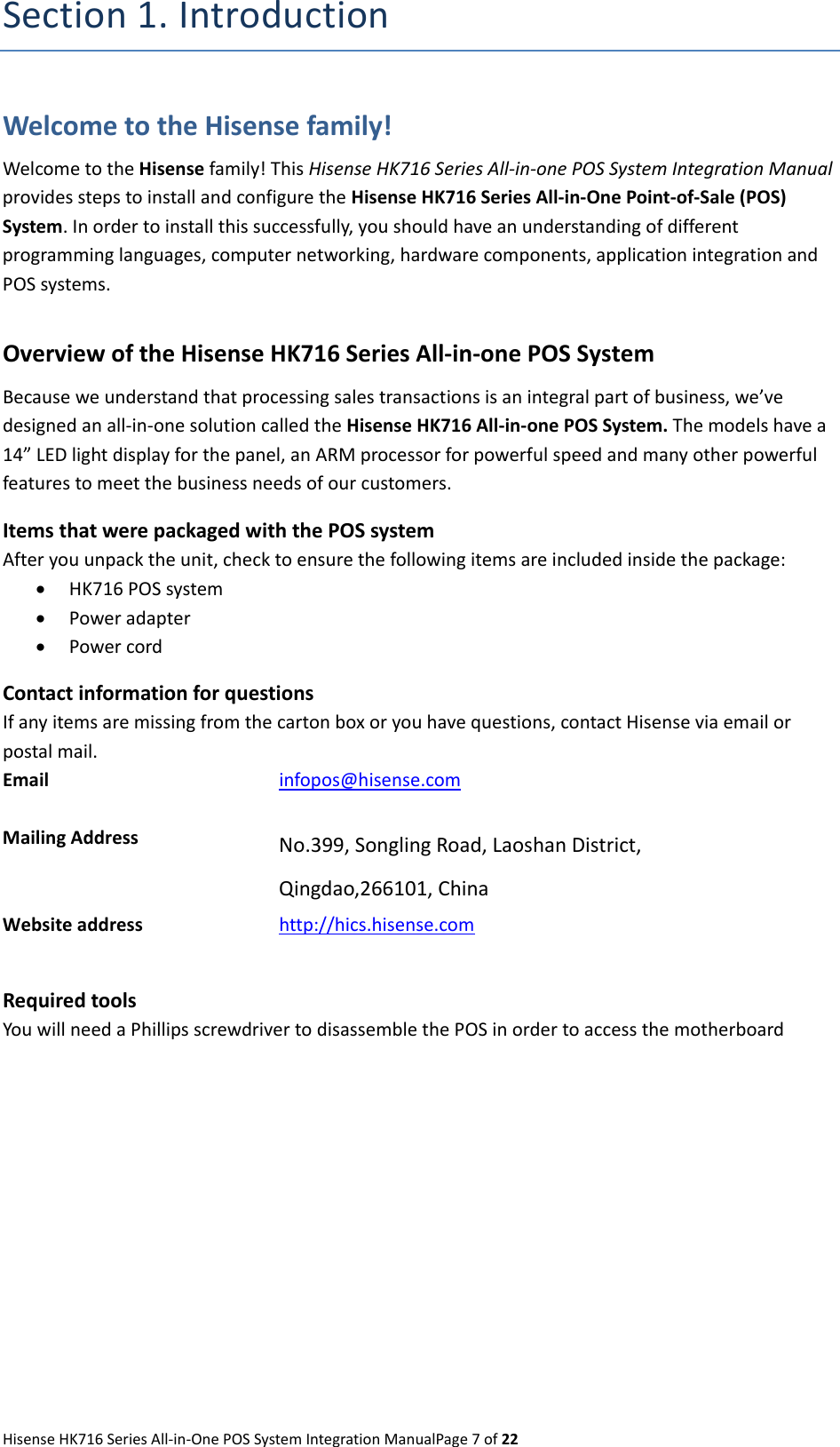 Page 7 of Qingdao Hisense Intelligent Commercial System HK716 All-in-one POS User Manual