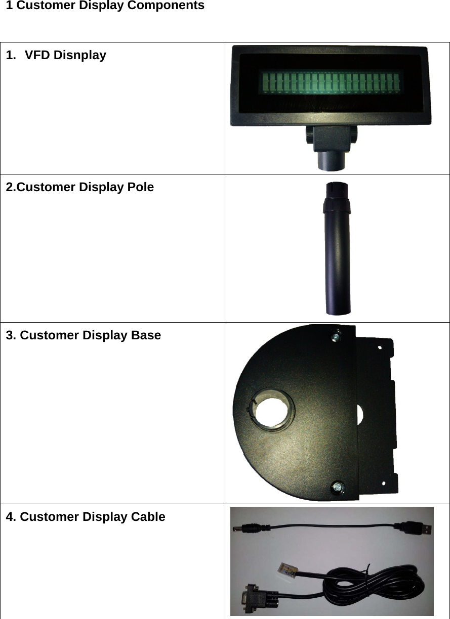 1 Customer Display Components 1. VFD Disnplay   2.Customer Display Pole  3. Customer Display Base  4. Customer Display Cable     