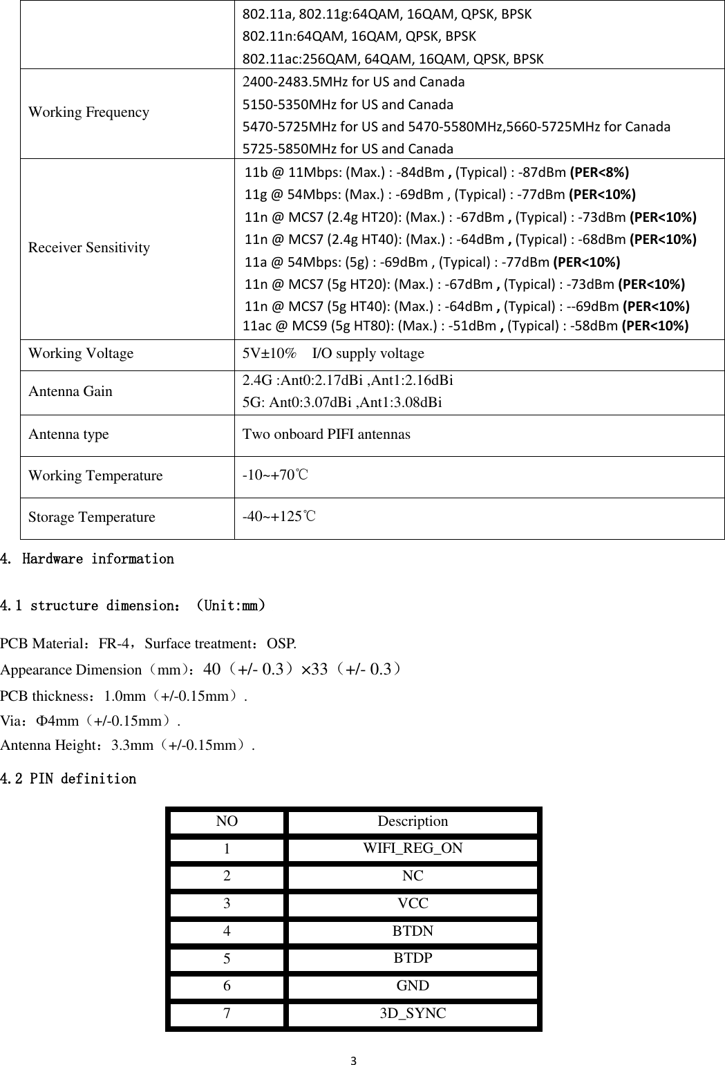 3  802.11a, 802.11g:64QAM, 16QAM, QPSK, BPSK 802.11n:64QAM, 16QAM, QPSK, BPSK 802.11ac:256QAM, 64QAM, 16QAM, QPSK, BPSK Working Frequency 2400-2483.5MHz for US and Canada 5150-5350MHz for US and Canada 5470-5725MHz for US and 5470-5580MHz,5660-5725MHz for Canada 5725-5850MHz for US and Canada Receiver Sensitivity 11b @ 11Mbps: (Max.) : -84dBm , (Typical) : -87dBm (PER&lt;8%) 11g @ 54Mbps: (Max.) : -69dBm , (Typical) : -77dBm (PER&lt;10%) 11n @ MCS7 (2.4g HT20): (Max.) : -67dBm , (Typical) : -73dBm (PER&lt;10%) 11n @ MCS7 (2.4g HT40): (Max.) : -64dBm , (Typical) : -68dBm (PER&lt;10%) 11a @ 54Mbps: (5g) : -69dBm , (Typical) : -77dBm (PER&lt;10%) 11n @ MCS7 (5g HT20): (Max.) : -67dBm , (Typical) : -73dBm (PER&lt;10%) 11n @ MCS7 (5g HT40): (Max.) : -64dBm , (Typical) : --69dBm (PER&lt;10%) 11ac @ MCS9 (5g HT80): (Max.) : -51dBm , (Typical) : -58dBm (PER&lt;10%) Working Voltage 5V±10%    I/O supply voltage Antenna Gain 2.4G :Ant0:2.17dBi ,Ant1:2.16dBi 5G: Ant0:3.07dBi ,Ant1:3.08dBi Antenna type Two onboard PIFI antennas Working Temperature -10~+70℃ Storage Temperature -40~+125℃ 4. Hardware information 4.1 structure dimension：（Unit:mm） PCB Material：FR-4，Surface treatment：OSP. Appearance Dimension（mm）： 40（+/- 0.3）×33（+/- 0.3） PCB thickness：1.0mm（+/-0.15mm）. Via：Ф4mm（+/-0.15mm）. Antenna Height：3.3mm（+/-0.15mm）. 4.2 PIN definition NO Description 1   WIFI_REG_ON 2   NC 3   VCC 4   BTDN 5   BTDP 6 GND 7 3D_SYNC 