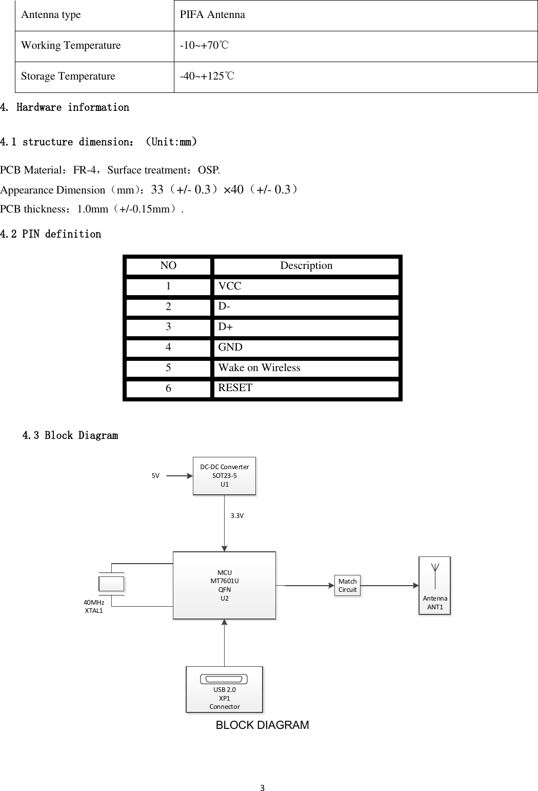 3  Antenna type PIFA Antenna Working Temperature -10~+70℃ Storage Temperature -40~+125℃ 4. Hardware information 4.1 structure dimension：（Unit:mm） PCB Material：FR-4，Surface treatment：OSP. Appearance Dimension（mm）： 33（+/- 0.3）×40（+/- 0.3） PCB thickness：1.0mm（+/-0.15mm）. 4.2 PIN definition NO Description 1   VCC 2   D- 3   D+ 4   GND 5   Wake on Wireless 6 RESET  4.3 Block Diagram USB 2.0XP1ConnectorDC-DC ConverterSOT23-5U1MCUMT7601UQFNU25V 3.3V40MHzXTAL1MatchCircuit                        Antenna                        ANT1 BLOCK DIAGRAM 