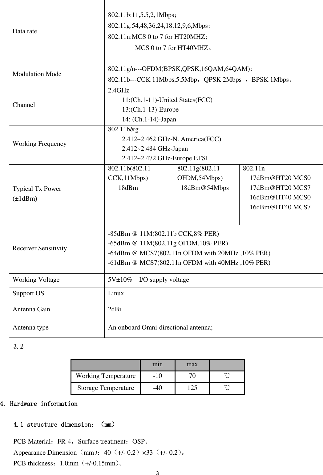 3  Data rate 802.11b:11,5.5,2,1Mbps； 802.11g:54,48,36,24,18,12,9,6,Mbps； 802.11n:MCS 0 to 7 for HT20MHZ；                 MCS 0 to 7 for HT40MHZ。 Modulation Mode 802.11g/n---OFDM(BPSK,QPSK,16QAM,64QAM)； 802.11b---CCK 11Mbps,5.5Mbp，QPSK 2Mbps  ，BPSK 1Mbps。 Channel 2.4GHz 11:(Ch.1-11)-United States(FCC) 13:(Ch.1-13)-Europe 14: (Ch.1-14)-Japan Working Frequency 802.11b&amp;g 2.412~2.462 GHz-N. America(FCC) 2.412~2.484 GHz-Japan 2.412~2.472 GHz-Europe ETSI Typical Tx Power (±1dBm) 802.11b(802.11 CCK,11Mbps)    18dBm 802.11g(802.11 OFDM,54Mbps)   18dBm@54Mbps 802.11n   17dBm@HT20 MCS0   17dBm@HT20 MCS7   16dBm@HT40 MCS0   16dBm@HT40 MCS7 Receiver Sensitivity -85dBm @ 11M(802.11b CCK,8% PER) -65dBm @ 11M(802.11g OFDM,10% PER) -64dBm @ MCS7(802.11n OFDM with 20MHz ,10% PER) -61dBm @ MCS7(802.11n OFDM with 40MHz ,10% PER) Working Voltage 5V±10%    I/O supply voltage Support OS Linux   Antenna Gain 2dBi Antenna type An onboard Omni-directional antenna;   3.2   min max  Working Temperature -10 70 ℃ Storage Temperature -40 125 ℃ 4. Hardware information 4.1 structure dimension：（mm） PCB Material：FR-4，Surface treatment：OSP。 Appearance Dimension（mm）： 40（+/- 0.2）×33（+/- 0.2）。  PCB thickness：1.0mm（+/-0.15mm）。  