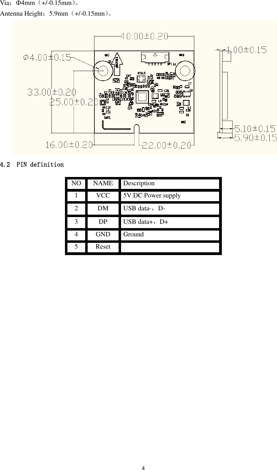 4  Via：Ф4mm（+/-0.15mm）。  Antenna Height：5.9mm（+/-0.15mm）。   4.2  PIN definition NO NAME Description 1   VCC   5V DC Power supply   2   DM   USB data-，D- 3   DP   USB data+，D+ 4   GND   Ground   5   Reset    