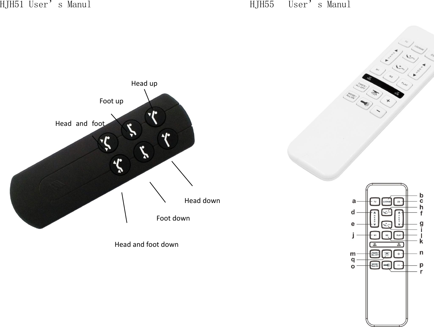 HJH51 User’s Manul              HJH55   User’s Manul             Head down Foot down Head and foot down Head  and  foot up Foot up Head up 
