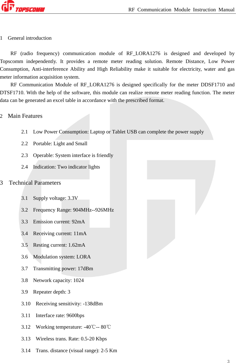 Qingdao Topscomm Communication Rflora1276 Rf Lora Module User Manual Modem 1