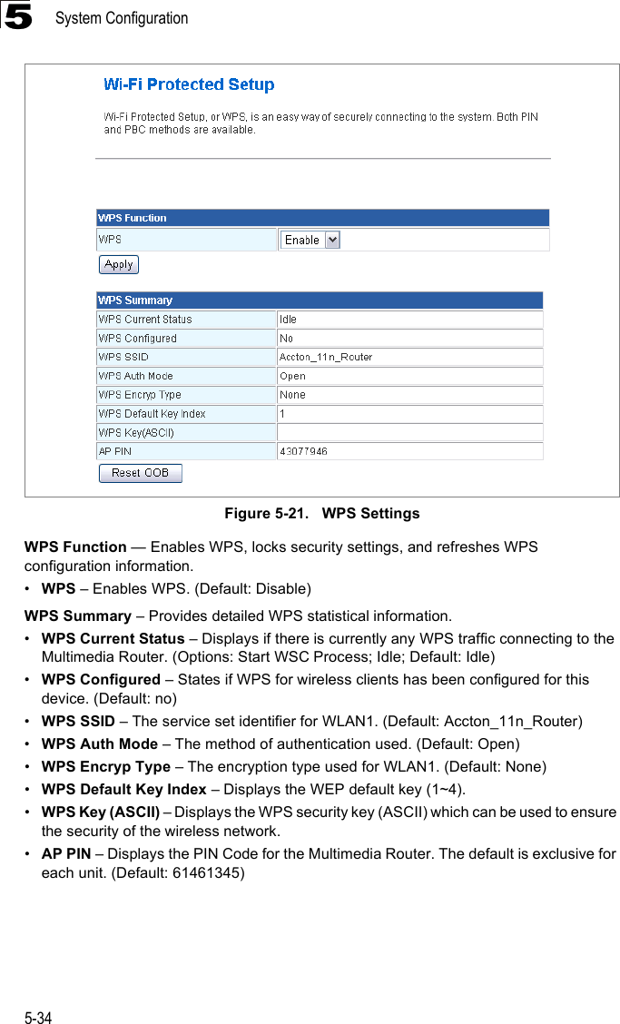System Configuration5-345Figure 5-21.   WPS SettingsWPS Function — Enables WPS, locks security settings, and refreshes WPS configuration information.•WPS – Enables WPS. (Default: Disable)WPS Summary – Provides detailed WPS statistical information.•WPS Current Status – Displays if there is currently any WPS traffic connecting to the Multimedia Router. (Options: Start WSC Process; Idle; Default: Idle)•WPS Configured – States if WPS for wireless clients has been configured for this device. (Default: no)•WPS SSID – The service set identifier for WLAN1. (Default: Accton_11n_Router)•WPS Auth Mode – The method of authentication used. (Default: Open)•WPS Encryp Type – The encryption type used for WLAN1. (Default: None)•WPS Default Key Index – Displays the WEP default key (1~4). •WPS Key (ASCII) – Displays the WPS security key (ASCII) which can be used to ensure the security of the wireless network.•AP PIN – Displays the PIN Code for the Multimedia Router. The default is exclusive for each unit. (Default: 61461345)