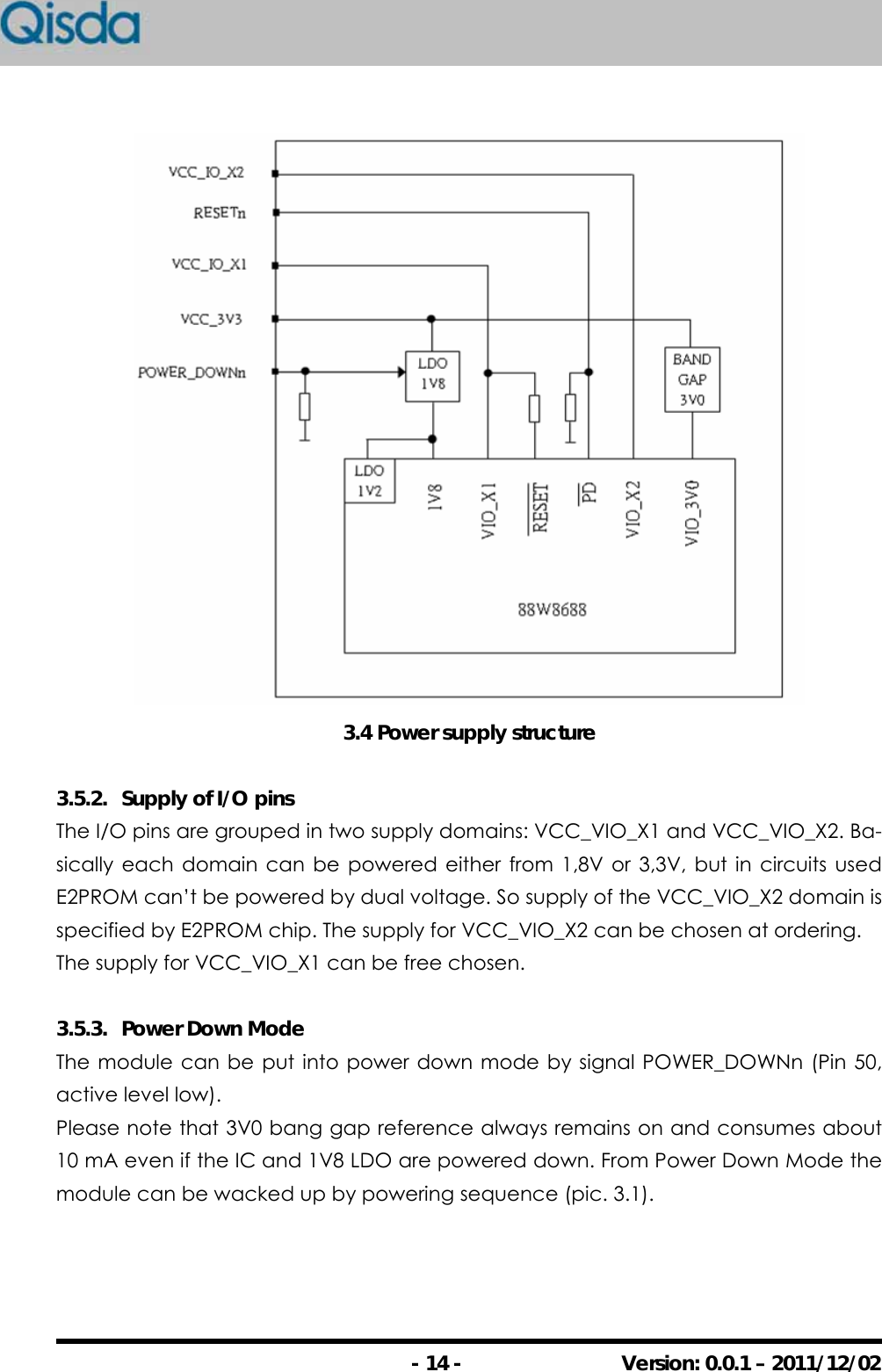                                                - 14 -  Version: 0.0.1 – 2011/12/02  3.4 Power supply structure  3.5.2.  Supply of I/O pins The I/O pins are grouped in two supply domains: VCC_VIO_X1 and VCC_VIO_X2. Ba-sically each domain can be powered either from 1,8V or 3,3V, but in circuits used E2PROM can’t be powered by dual voltage. So supply of the VCC_VIO_X2 domain is specified by E2PROM chip. The supply for VCC_VIO_X2 can be chosen at ordering. The supply for VCC_VIO_X1 can be free chosen.  3.5.3.  Power Down Mode The module can be put into power down mode by signal POWER_DOWNn (Pin 50, active level low). Please note that 3V0 bang gap reference always remains on and consumes about 10 mA even if the IC and 1V8 LDO are powered down. From Power Down Mode the module can be wacked up by powering sequence (pic. 3.1).  