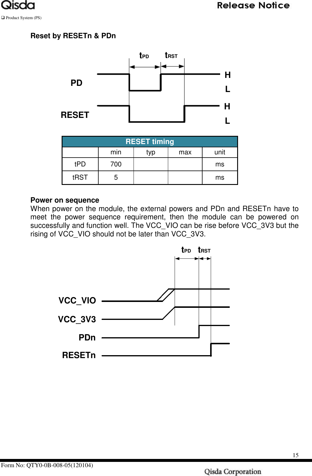   Product System (PS)      Form No: QTY0-0B-008-05(120104)                                                    15 Reset by RESETn &amp; PDn    RESET timing   min typ max unit tPD 700     ms tRST 5     ms  Power on sequence When power on the module, the external powers and PDn and RESETn have to meet  the  power  sequence  requirement,  then  the  module  can  be  powered on successfully and function well. The VCC_VIO can be rise before VCC_3V3 but the rising of VCC_VIO should not be later than VCC_3V3.      EESETn PDn H       L       H       L       tRST      tPD      RESETn PDn H   L    H   L    tRST      tPD      PDn RESETn VCC_VIO VCC_3V3 