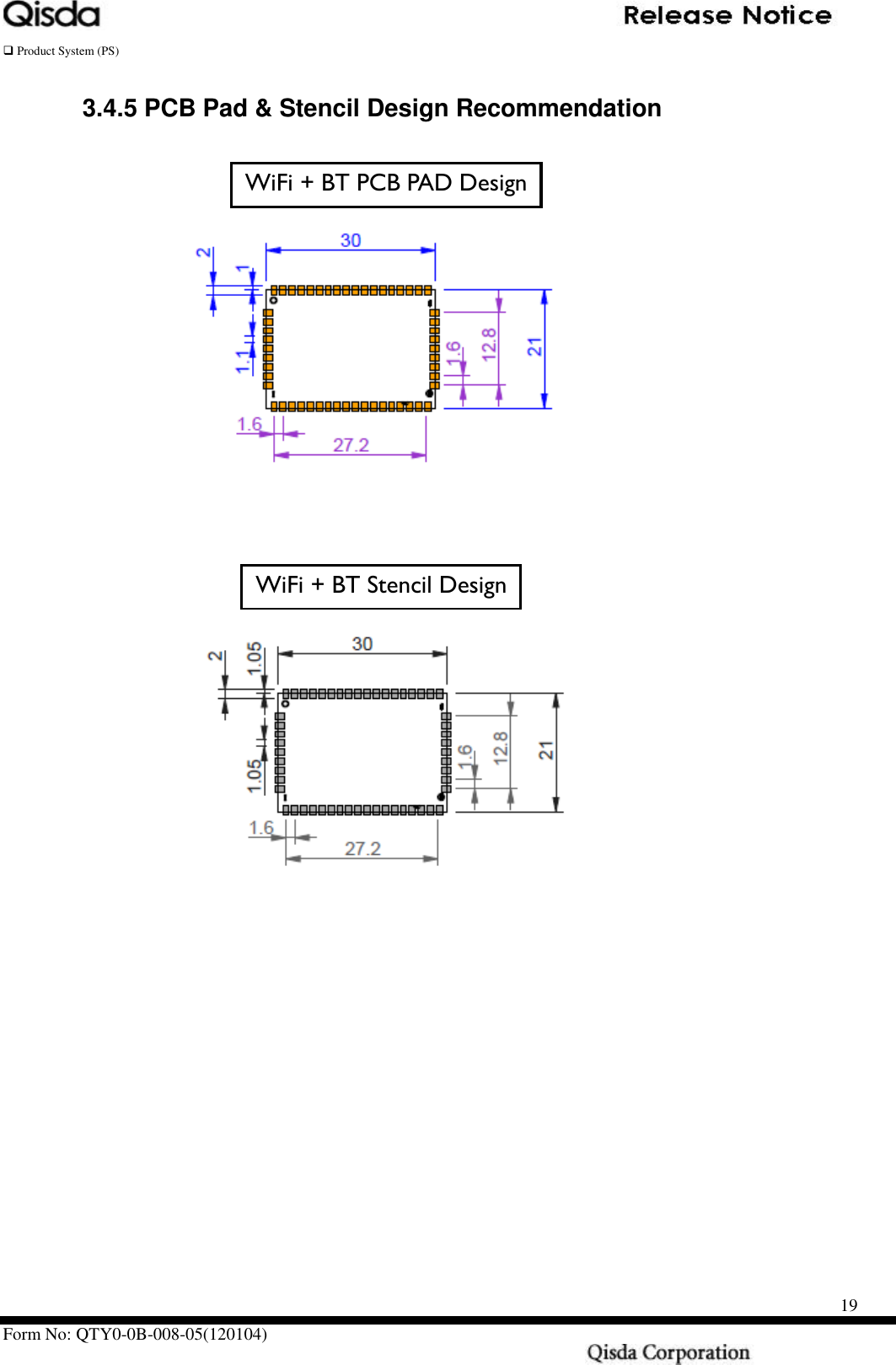   Product System (PS)      Form No: QTY0-0B-008-05(120104)                                                    19 3.4.5 PCB Pad &amp; Stencil Design Recommendation                              WiFi + BT PCB PAD Design WiFi + BT Stencil Design 