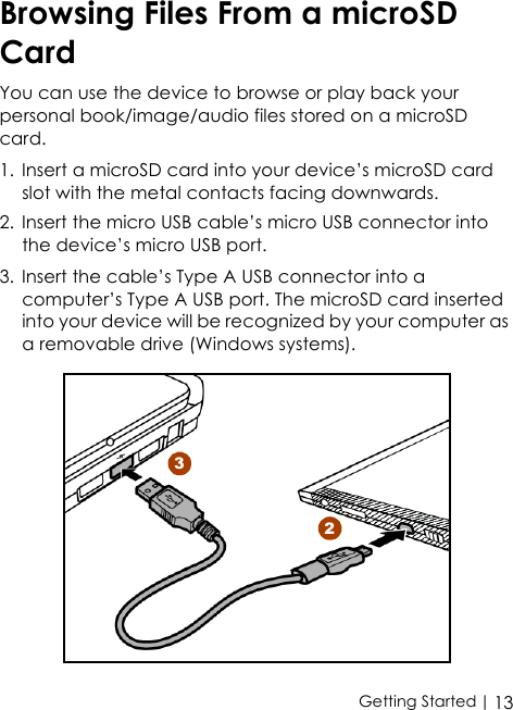  | 13Getting StartedBrowsing Files From a microSD CardYou can use the device to browse or play back your personal book/image/audio files stored on a microSD card.1. Insert a microSD card into your device’s microSD card slot with the metal contacts facing downwards.2. Insert the micro USB cable’s micro USB connector into the device’s micro USB port.3. Insert the cable’s Type A USB connector into a computer’s Type A USB port. The microSD card inserted into your device will be recognized by your computer as a removable drive (Windows systems). 23