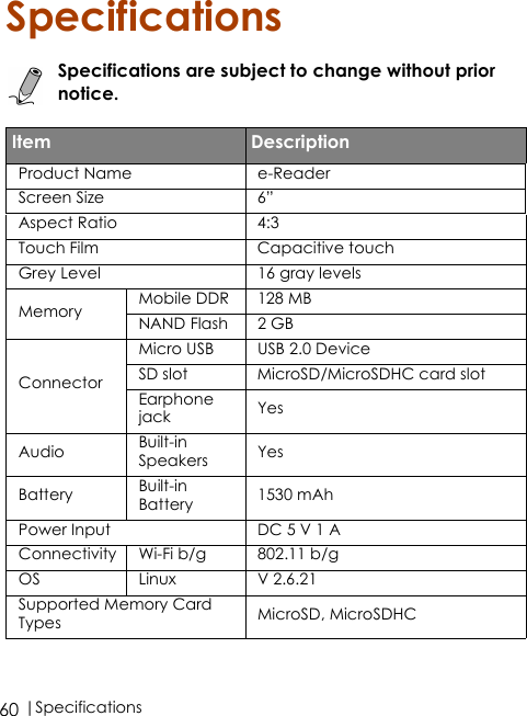  |Specifications60SpecificationsSpecifications are subject to change without prior notice.Item DescriptionProduct Name e-ReaderScreen Size 6”Aspect Ratio 4:3Touch Film Capacitive touchGrey Level 16 gray levelsMemory Mobile DDR 128 MBNAND Flash 2 GBConnectorMicro USB USB 2.0 DeviceSD slot MicroSD/MicroSDHC card slotEarphone jack YesAudio Built-in Speakers YesBattery Built-in Battery 1530 mAhPower Input DC 5 V 1 AConnectivity Wi-Fi b/g 802.11 b/gOS Linux V 2.6.21Supported Memory Card Types MicroSD, MicroSDHC