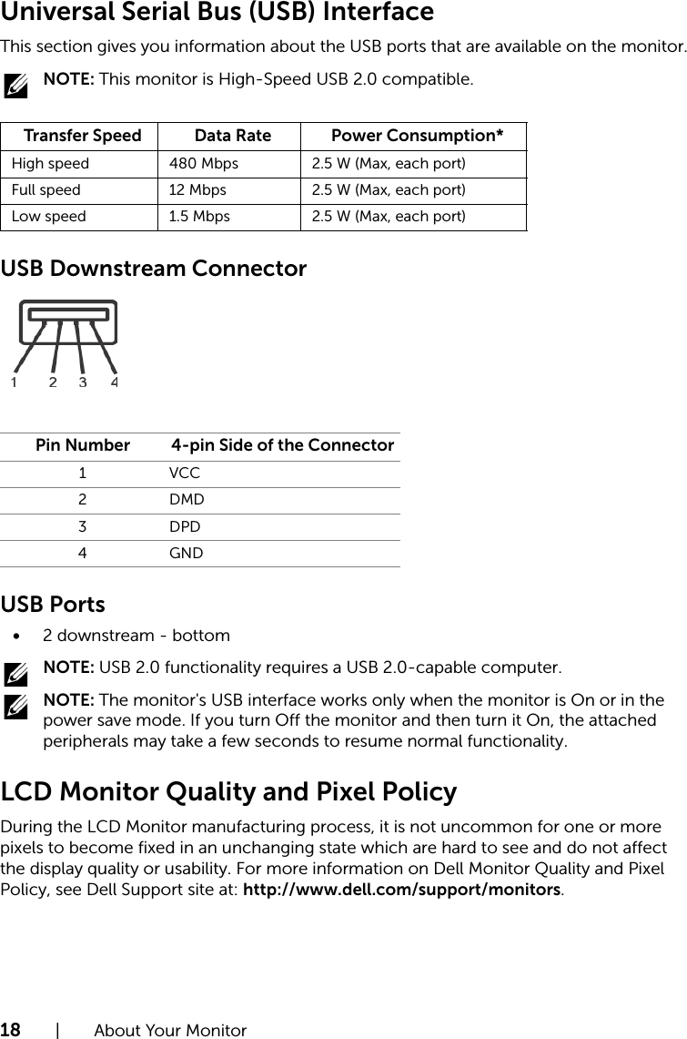 18  |  About Your MonitorUniversal Serial Bus (USB) InterfaceThis section gives you information about the USB ports that are available on the monitor.Transfer Speed Data Rate Power Consumption*High speed 480 Mbps 2.5 W (Max, each port)Full speed 12 Mbps 2.5 W (Max, each port)Low speed 1.5 Mbps 2.5 W (Max, each port) NOTE: This monitor is High-Speed USB 2.0 compatible.USB Downstream ConnectorPin Number 4-pin Side of the Connector1VCC2DMD3DPD4GNDUSB Ports•2 downstream - bottom NOTE: USB 2.0 functionality requires a USB 2.0-capable computer. NOTE: The monitor&apos;s USB interface works only when the monitor is On or in the power save mode. If you turn Off the monitor and then turn it On, the attached peripherals may take a few seconds to resume normal functionality.LCD Monitor Quality and Pixel PolicyDuring the LCD Monitor manufacturing process, it is not uncommon for one or more pixels to become fixed in an unchanging state which are hard to see and do not affect the display quality or usability. For more information on Dell Monitor Quality and Pixel Policy, see Dell Support site at: http://www.dell.com/support/monitors.