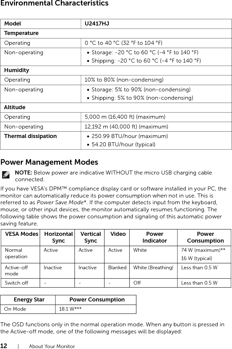 12  |  About Your MonitorEnvironmental CharacteristicsPower Management ModesNOTE: Below power are indicative WITHOUT the micro USB charging cable connected.If you have VESA&apos;s DPM™ compliance display card or software installed in your PC, the monitor can automatically reduce its power consumption when not in use. This is referred to as Power Save Mode*. If the computer detects input from the keyboard, mouse, or other input devices, the monitor automatically resumes functioning. The following table shows the power consumption and signaling of this automatic power saving feature.The OSD functions only in the normal operation mode. When any button is pressed in the Active-off mode, one of the following messages will be displayed:Model U2417HJTemperatureOperating 0 °C to 40 °C (32 °F to 104 °F)Non-operating •Storage: -20 °C to 60 °C (-4 °F to 140 °F)•Shipping: -20 °C to 60 °C (-4 °F to 140 °F)HumidityOperating 10% to 80% (non-condensing)Non-operating •Storage: 5% to 90% (non-condensing)•Shipping: 5% to 90% (non-condensing)AltitudeOperating 5,000 m (16,400 ft) (maximum)Non-operating 12,192 m (40,000 ft) (maximum)Thermal dissipation •250.99 BTU/hour (maximum)•54.20 BTU/hour (typical)VESA Modes Horizontal SyncVertical SyncVideo Power IndicatorPower ConsumptionNormal operationActive Active Active White 74 W (maximum)**16 W (typical)Active-off modeInactive Inactive Blanked White (Breathing) Less than 0.5 WSwitch off - - - Off Less than 0.5 WEnergy Star Power ConsumptionOn Mode 18.1 W***