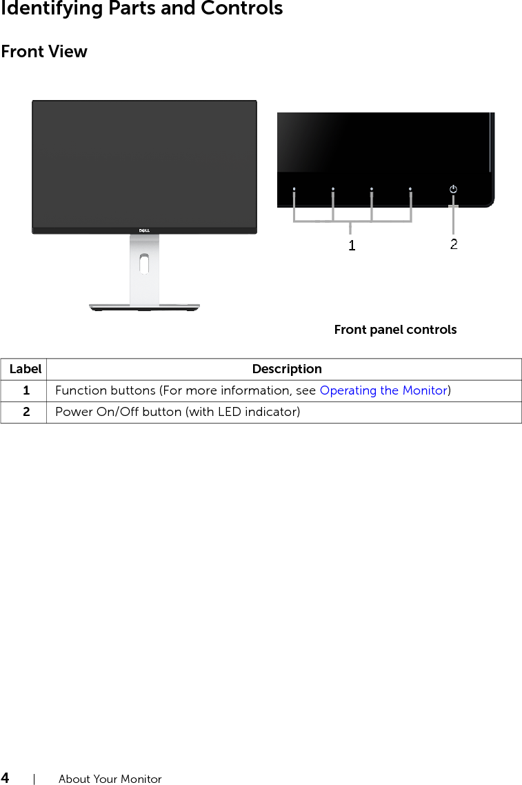 4  |  About Your MonitorIdentifying Parts and ControlsFront ViewFront panel controlsLabel Description1Function buttons (For more information, see Operating the Monitor)2Power On/Off button (with LED indicator)