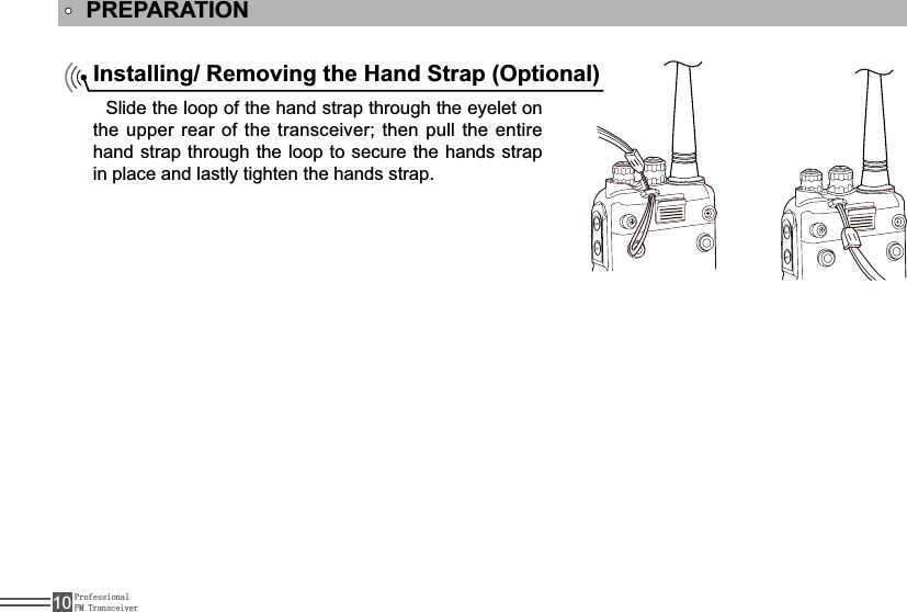 ProfessionalFM Transceiver10PREPARATIONInstalling/ Removing the Hand Strap (Optional)Slide the loop of the hand strap through the eyelet on the upper rear of the transceiver; then pull the entire hand strap through the loop to secure the hands strap in place and lastly tighten the hands strap.