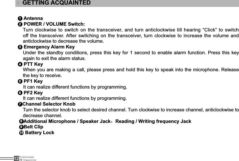 ProfessionalFM Transceiver12GETTING ACQUAINTED1 Antenna2 POWER / VOLUME Switch:Turn clockwise to switch on the transceiver, and turn anticlockwise till hearing “Click” to switch off the transceiver. After switching on the transceiver, turn clockwise to increase the volume and anticlockwise to decrease the volume.3 Emergency Alarm KeyUnder the standby conditions, press this key for 1 second to enable alarm function. Press this key again to exit the alarm status.4 PTT Key:KHQ\RXDUHPDNLQJDFDOOSOHDVHSUHVVDQGKROGWKLVNH\WRVSHDNLQWRWKHPLFURSKRQH5HOHDVHthe key to receive.5 PF1 Key,WFDQUHDOL]HGLIIHUHQWIXQFWLRQVE\SURJUDPPLQJ6 PF2 Key,WFDQUHDOL]HGLIIHUHQWIXQFWLRQVE\SURJUDPPLQJ7Channel Selector Knob Turn the selector knob to select desired channel. Turn clockwise to increase channel, anticlockwise to decrease channel.8Additional Microphone / Speaker Jack᱃Reading / Writing frequency Jack9Belt Clip 10 Battery Lock