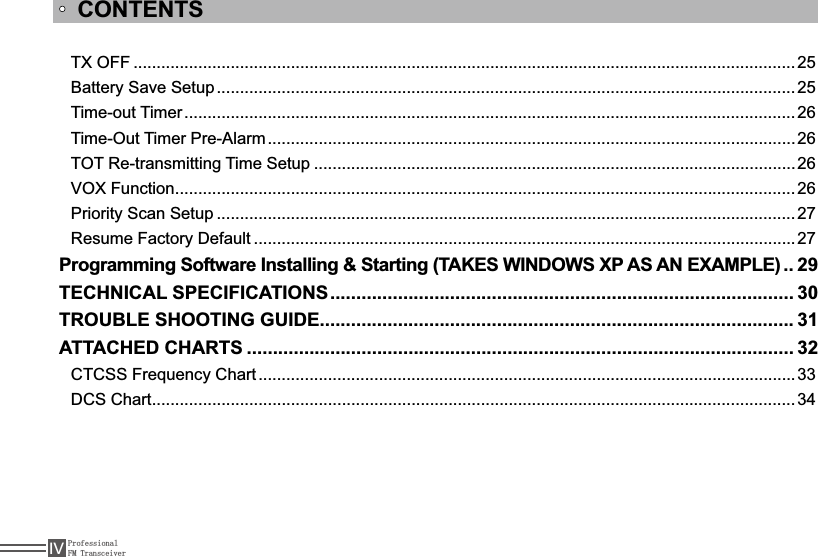 ProfessionalFM Transceiver,97;2)) ...............................................................................................................................................25Battery Save Setup .............................................................................................................................25Time-out Timer.................................................................................................................................... 26Time-Out Timer Pre-Alarm..................................................................................................................267275HWUDQVPLWWLQJ7LPH6HWXS ........................................................................................................ 2692;)XQFWLRQ......................................................................................................................................26Priority Scan Setup .............................................................................................................................275HVXPH)DFWRU\&apos;HIDXOW .....................................................................................................................27Programming Software Installing &amp; Starting (TAKES WINDOWS XP AS AN EXAMPLE) .. 29TECHNICAL SPECIFICATIONS......................................................................................... 30TROUBLE SHOOTING GUIDE........................................................................................... 31ATTACHED CHARTS ......................................................................................................... 32&amp;7&amp;66)UHTXHQF\&amp;KDUW ....................................................................................................................33DCS Chart...........................................................................................................................................34CONTENTS