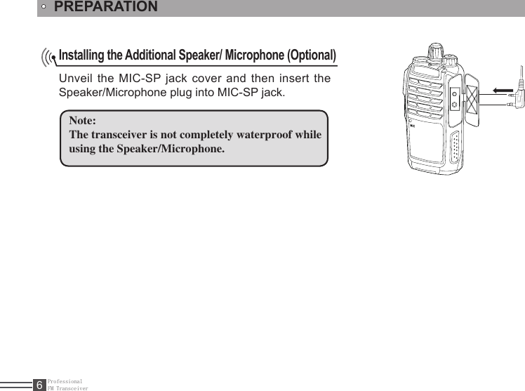 ProfessionalFM Transceiver6PREPARATIONInstalling the Additional Speaker/ Microphone (Optional) Unveil  the  MIC-SP  jack  cover  and then  insert  the Speaker/Microphone plug into MIC-SP jack.Note:The transceiver is not completely waterproof whileusing the Speaker/Microphone.