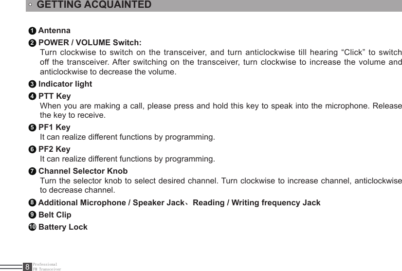 ProfessionalFM Transceiver8GETTING ACQUAINTED1 Antenna2 POWER / VOLUME Switch:Turn clockwise  to switch on the transceiver, and turn anticlockwise till hearing “Click” to switch off the transceiver. After switching on the transceiver, turn clockwise to increase the volume and anticlockwise to decrease the volume.3 Indicator light4 PTT KeyWhen you are making a call, please press and hold this key to speak into the microphone. Release the key to receive.5 PF1 KeyIt can realize different functions by programming. 6 PF2 KeyIt can realize different functions by programming. 7 Channel Selector Knob Turn the selector knob to select desired channel. Turn clockwise to increase channel, anticlockwise to decrease channel.8 Additional Microphone / Speaker Jack、Reading / Writing frequency Jack9 Belt Clip 10 Battery Lock