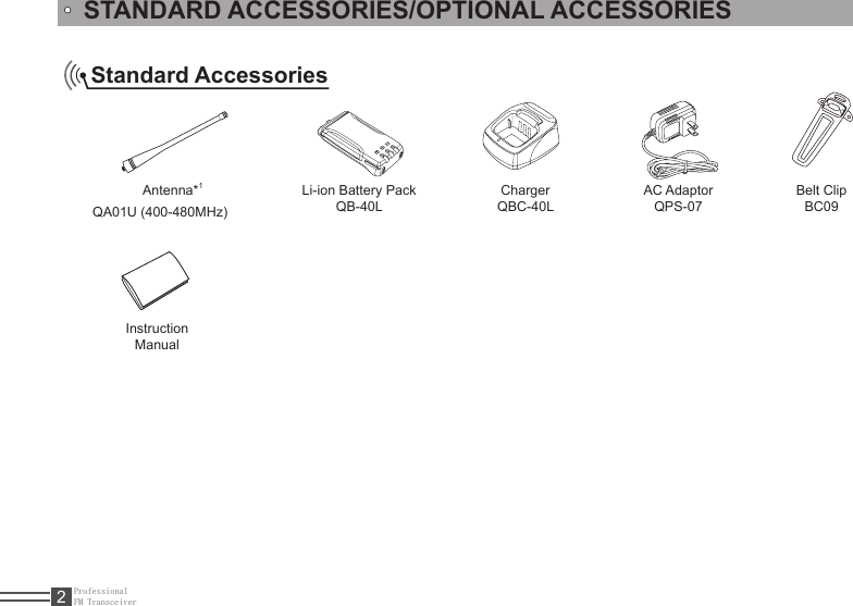 ProfessionalFM Transceiver2STANDARD ACCESSORIES/OPTIONAL ACCESSORIESStandard AccessoriesAntenna*1QA01U (400-480MHz) Li-ion Battery Pack QB-40LCharger QBC-40LBelt Clip  BC09AC Adaptor  QPS-07Instruction Manual