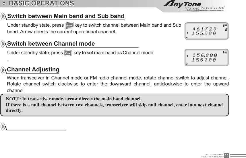 11Switch between Main band and Sub bandUnder standby state, press   key to switch channel between Main band and Sub band. Arrow directs the current operational channel.Switch between Channel mode Under standby state, press    key to set main band as Channel mode .NOTE: In transceiver mode, arrow directs the main band channel.If there is a null channel between two channels, transceiver will skip null channel, enter into next channel directly.BASIC OPERATIONSChannel AdjustingWhen transceiver in Channel mode or FM radio channel mode, rotate channel switch to adjust channel. Rotate  channel  switch  clockwise  to  enter  the  downward  channel,  anticlockwise  to  enter  the  upward channel