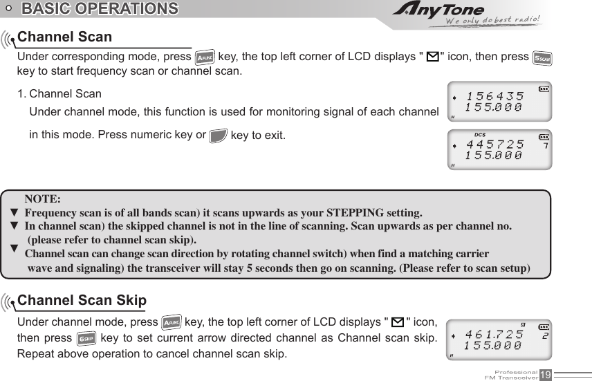 19Channel ScanUnder corresponding mode, press   key, the top left corner of LCD displays &quot;      &quot; icon, then press   key to start frequency scan or channel scan.1. Channel ScanUnder channel mode, this function is used for monitoring signal of each channel in this mode. Press numeric key or   key to exit.▼▼▼ NOTE:Frequency scan is of all bands scan) it scans upwards as your STEPPING setting.In channel scan) the skipped channel is not in the line of scanning. Scan upwards as per channel no. (please refer to channel scan skip).Channel scan can change scan direction by rotating channel switch) when find a matching carrier wave and signaling) the transceiver will stay 5 seconds then go on scanning. (Please refer to scan setup)Channel Scan SkipUnder channel mode, press   key, the top left corner of LCD displays &quot;   &quot; icon, then press   key to  set  current  arrow  directed  channel  as  Channel  scan  skip. Repeat above operation to cancel channel scan skip.BASIC OPERATIONS