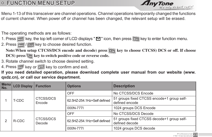 23Menu 1-13 of this transceiver are channel operations. Channel operations temporarily changed the functions of current channel. When power off or channel has been changed, the relevant setup will be erased. The operating methods are as follows:1. Press   key, the top left corner of LCD displays &quot;     &quot; icon, then press   key to enter function menu.2. Press   /   key to choose desired function.Note:When setup CTCSS/DCS encode and decode) press   key to choose CTCSS) DCS or off. If choose DCS) press   key to switch positive code or reverse code.3. Rotate channel switch to choose desired setting.4. Press   key or   key to conrm and exit.If  you  need  detailed  operation,  please  download  complete  user  manual  from  our  website  (www.qxdz.cn), or call our service department.FUNCTION MENU SETUPMenu No.LCD DisplayFunction Options Description1T-CDC CTCSS/DCS EncodeOFF No CTCSS/DCS Encode62.5HZ-254.1Hz+Self dened 51 groups xed CTCSS encode+1 group self-dened encode000N-777I 1024 groups DCS Encode2R-CDC CTCSS/DCS DecodeOFF No CTCSS/DCS Decode62.5HZ-254.1Hz+Self dened 51 groups xed CTCSS decode+1 group self-dened decode000N-777I 1024 groups DCS decode