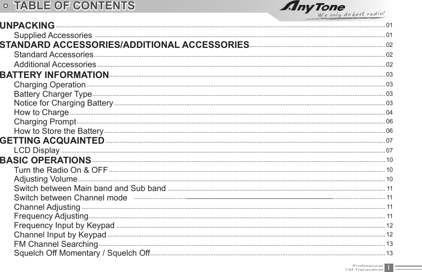 ITABLE OF CONTENTSUNPACKING ................................................................................................................................................................................................ 01Supplied Accessories  ......................................................................................................................................................................... 01STANDARD ACCESSORIES/ADDITIONAL ACCESSORIES ............................................................................... 02Standard Accessories .......................................................................................................................................................................... 02Additional Accessories ........................................................................................................................................................................ 02BATTERY INFORMATION ................................................................................................................................................................. 03Charging Operation .............................................................................................................................................................................. 03Battery Charger Type........................................................................................................................................................................... 03Notice for Charging Battery .............................................................................................................................................................. 03How to Charge ........................................................................................................................................................................................ 04Charging Prompt .................................................................................................................................................................................... 06How to Store the Battery .................................................................................................................................................................... 06GETTING ACQUAINTED ................................................................................................................................................................... 07LCD Display ............................................................................................................................................................................................. 07BASIC OPERATIONS ........................................................................................................................................................................... 10Turn the Radio On &amp; OFF ................................................................................................................................................................. 10Adjusting Volume ................................................................................................................................................................................... 10Switch between Main band and Sub band ............................................................................................................................... 11Switch between Channel mode  .................................................................................................................... 11Channel Adjusting ................................................................................................................................................................................. 11Frequency Adjusting ............................................................................................................................................................................. 11Frequency Input by Keypad ............................................................................................................................................................. 12Channel Input by Keypad .................................................................................................................................................................. 12FM Channel Searching ....................................................................................................................................................................... 13Squelch Off Momentary / Squelch Off ......................................................................................................................................... 13 ....................................................................................................................