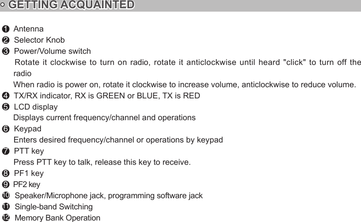 GETTING ACQUAINTED1  Antenna2  Selector Knob3  Power/Volume switchradio4  TX/RX indicator, RX is GREEN or BLUE, TX is RED5  LCD display     Displays current frequency/channel and operations6  KeypadEnters desired frequency/channel or operations by keypad7  PTT keyPress PTT key to talk, release this key to receive.8  PF1 key9  PF2 key10   Speaker/Microphone jack, programming software jack11   Single-band Switching12   Memory Bank Operation      Rotate it clockwise to turn on radio, rotate it anticlockwise until heard &quot;click&quot;  to turn off the      When radio  is power on, rotate it clockwise to increase volume, anticlockwise to reduce volume.