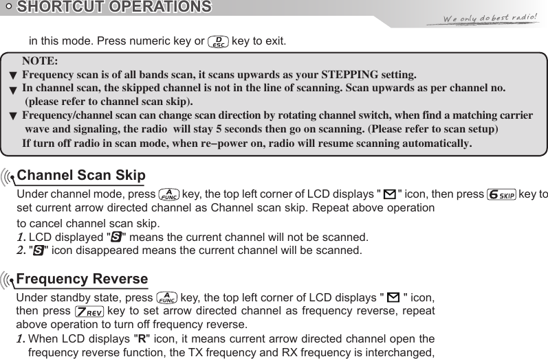 SHORTCUT OPERATIONS▼▼▼NOTE:Frequency scan is of all bands scan, it scans upwards as your STEPPING setting.In channel scan, the skipped channel is not in the line of scanning. Scan upwards as per channel no. (please refer to channel scan skip).Frequency/channel scan can change scan direction by rotating channel switch, when find a matching carrierIf turn off radio in scan mode, when re-power on, radio will resume scanning automatically.Channel Scan SkipUnder channel mode, press   key, the top left corner of LCD displays &quot;   &quot; icon, then press   key to set current arrow directed channel as Channel scan skip. Repeat above operation to cancel channel scan skip.LCD displayed 1.  &quot;S&quot; means the current channel will not be scanned.&quot;2. S&quot; icon disappeared means the current channel will be scanned.Frequency ReverseUnder standby state, press   key, the top left corner of LCD displays &quot;         &quot; icon, then press   key  to  set  arrow  directed channel as frequency reverse,  repeat above operation to turn off frequency reverse.When LCD displays &quot;1.  R&quot; icon, it means current arrow directed channel open the frequency reverse function, the TX frequency and RX frequency is interchanged, in this mode. Press numeric key or   key to exit. wave and signaling, the radio  will stay 5 seconds then go on scanning. (Please refer to scan setup)