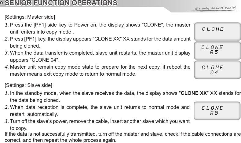 [Settings: Master side]Press the [PF1] side key to Power on, the display shows &quot;CLONE&quot;, the master 1. unit  enters into copy mode .  Press [PF1] key, the display appears &quot;CLONE XX&quot; XX stands for the data amount 2. being cloned.When the data transfer is completed, slave unit restarts, the master unit display 3. appears &quot;CLONE 04&quot;.Master unit remain  copy  mode state to prepare for the next  copy, if reboot the 4. master means exit copy mode to return to normal mode.[Settings: Slave side]In the standby mode, when the slave receives the data, the display shows &quot;1.  CLONE XX&quot; XX stands for the data being cloned.When  data  reception  is  complete,  the  slave  unit  returns  to  normal  mode  and 2. restart  automatically.Turn off the slave&apos;s power, remove the cable, insert another slave which you want 3. to copy.If the data is not successfully transmitted, turn off the master and slave, check if the cable connections are correct, and then repeat the whole process again.SENIOR FUNCTION OPERATIONS