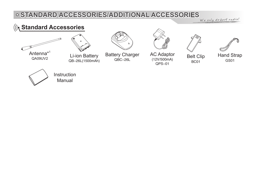 STANDARD ACCESSORIES/ADDITIONAL ACCESSORIESStandard AccessoriesAntenna*1QA09UV2 Li-ion BatteryQB-26L(1500mAh)InstructionManual Battery ChargerQBC-26LAC Adaptor(12V/500mA)QPS-01Belt ClipBC01Hand StrapGS01