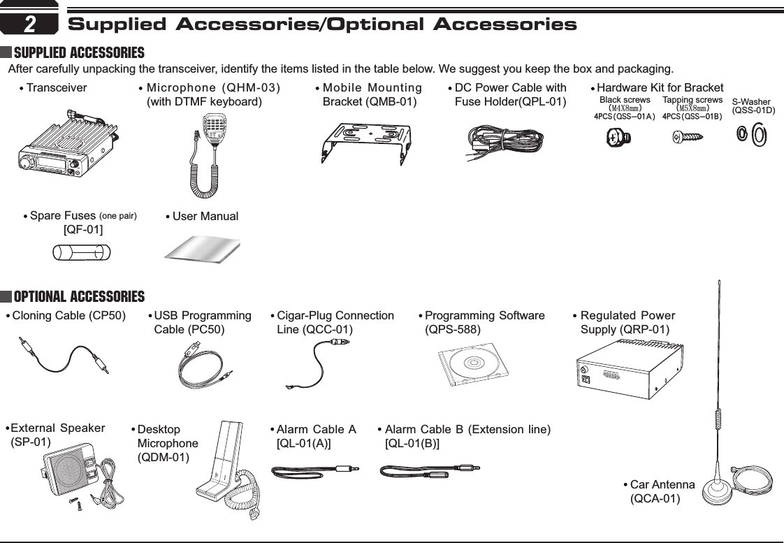 2Supplied Accessories/Optional AccessoriesSupplied AccessoriesOptional AccessoriesAfter carefully unpacking the transceiver, identify the items listed in the table below. We suggest you keep the box and packaging.TransceiverSpare Fuses (one pair)[QF-01]Cloning Cable (CP50)DesktopMicrophone(QDM-01)Alarm Cable A [QL-01(A)]Alarm Cable B (Extension line) [QL-01(B)]Car Antenna (QCA-01)USB Programming Cable (PC50)Cigar-Plug Connection  Line (QCC-01)Programming Software (QPS-588)Regulated Power Supply (QRP-01)External Speaker (SP-01)User ManualMicrophone (QHM-03) (with DTMF keyboard)Mobile Mounting Bracket (QMB-01)DC Power Cable with Fuse Holder(QPL-01)Hardware Kit for BracketBlack screws )M4X8mm*5QDT)RTT.12B*Tapping screws )M5X8mm*5QDT)RTT.12C*S-Washer(QSS-01D)