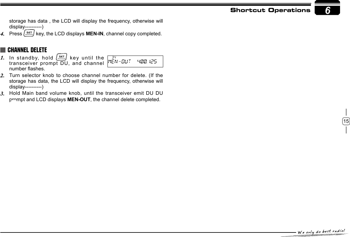 15Shortcut OperationsIn standby, hold 1.    key   unt il   t he transceiver prompt DU, and channel number ashes.Turn selector knob to choose channel number for  delete.  (If the 2. storage has data, the LCD will display the frequency, otherwise will display----------)Hold Main band volume knob, until the transceiver emit DU DU 3. prompt and LCD displays MEN-OUT, the channel delete completed.CHANNEL DELETE7storage has data , the LCD will display the frequency, otherwise will display----------)Press 4.   key, the LCD displays MEN-IN, channel copy completed.6