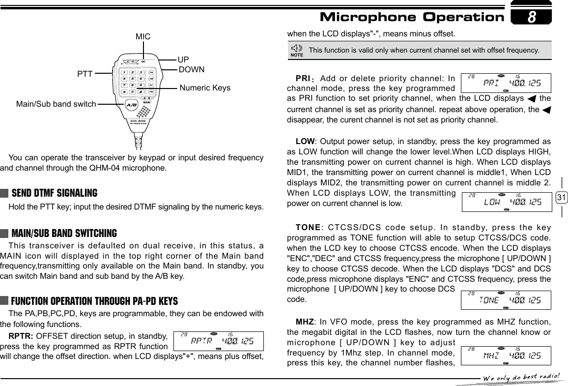 318Microphone OperationSEND DTMF SIGNALINGMAIN/SUB BAND SWITCHINGFUNCTION OPERATION THROUGH PA-PD KEYSYou can operate the transceiver by keypad or input desired frequency and channel through the QHM-04 microphone.Hold the PTT key; input the desired DTMF signaling by the numeric keys.This transceiver is defaulted on dual receive, in this status, a MAIN icon will displayed in the top right corner of the Main band frequency,transmitting only available on the Main  band.  In standby, you can switch Main band and sub band by the A/B key.This function is valid only when current channel set with offset frequency.PRI：Add or delete priority channel: In channel mode, press the key programmed as PRI function to set priority channel, when the  LCD displays   the current channel is set as priority channel. repeat above operation, the    disappear, the curent channel is not set as priority channel.LOW: Output power setup, in standby, press the key programmed as as LOW function will change the lower level.When LCD displays HIGH, the transmitting power on current channel is high. When  LCD displays MID1, the transmitting power on current channel  is middle1, When LCD displays MID2, the transmitting power on current channel is  middle 2. When LCD displays LOW, the transmitting power on current channel is low.TONE: CTCSS/DCS code setup. In standby, press the  key programmed as TONE function will able to setup CTCSS/DCS code.when the LCD key to choose CTCSS encode. When the LCD displays &quot;ENC&quot;,&quot;DEC&quot; and CTCSS frequency,press the microphone [ UP/DOWN ]  key to choose CTCSS decode. When the LCD displays &quot;DCS&quot; and DCS code,press microphone displays &quot;ENC&quot; and CTCSS frequency, press the microphone  [ UP/DOWN ] key to choose DCS code.MHZ: In VFO mode, press the key programmed as MHZ function, the megabit digital in the LCD flashes, now turn  the channel know or microphone [  UP/DOWN ] key to adjust frequency by 1Mhz step. In channel mode, press this key, the channel  number flashes, The PA,PB,PC,PD, keys are programmable, they can be endowed with the following functions.RPTR: OFFSET direction setup, in standby, press the key programmed as RPTR  function will change the offset direction. when LCD displays&quot;+&quot;, means plus offset, when the LCD displays&quot;-&quot;, means minus offset.NOTEPTTMain/Sub band switchUPDOWNMICNumeric Keys