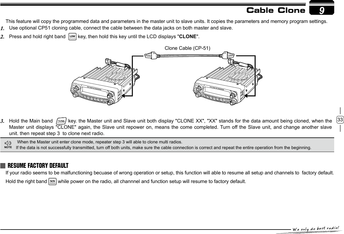 33Use optional CP51 cloning cable, connect the cable between the data jacks on both master and slave.1. Press and hold right band  2.   key, then hold this key until the LCD displays &quot;CLONE&quot;.Hold the Main band 3.    key. the Master unit and Slave unit both display &quot;CLONE XX&quot;, &quot;XX&quot; stands for the data amount being cloned, when the Master unit displays &quot;CLONE&quot; again, the Slave unit  repower on, means the come completed. Turn off the Slave unit, and change another slave unit. then repeat step 3  to clone next radio.9Cable CloneThis feature will copy the programmed data and parameters in the master unit to slave units. It copies the parameters and memory program settings. When the Master unit enter clone mode, repeater step 3 will able to clone multi radios.If the data is not successfully transmitted, turn off both units, make sure the cable connection is correct and repeat the entire operation from the beginning.9Clone Cable (CP-51)NOTERESUME FACTORY DEFAULTIf your radio seems to be malfunctioning becuase of wrong operation or setup, this function will able to resume all setup and channels to  factory default. Hold the right band   while power on the radio, all channnel and function setup will resume to factory default.