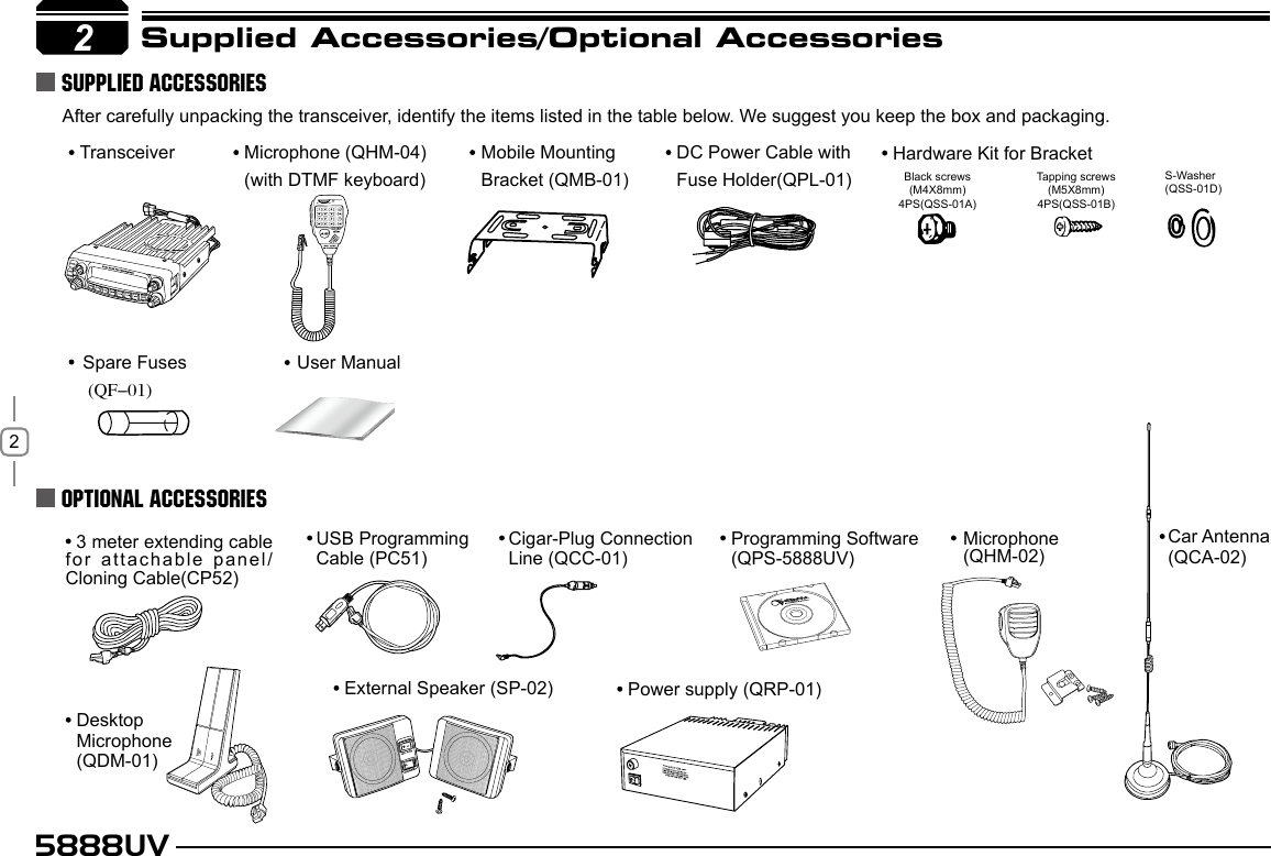 25888UV2Supplied Accessories/Optional AccessoriesSUPPLIED ACCESSORIESOPTIONAL ACCESSORIESAfter carefully unpacking the transceiver, identify the items listed in the table below. We suggest you keep the box and packaging.TransceiverSpare Fuses (QF-01)User Manual  3 meter extending cable for attachable panel/ Cloning Cable(CP52)Programming Software(QPS-5888UV)Car Antenna(QCA-02)Mobile MountingBracket (QMB-01)DC Power Cable withFuse Holder(QPL-01)Microphone (QHM-04)(with DTMF keyboard)Microphone (QHM-02)S-Washer(QSS-01D)Hardware Kit for BracketBlack screws(M4X8mm)4PS(QSS-01A)Tapping screws(M5X8mm)4PS(QSS-01B)USB ProgrammingCable (PC51)Cigar-Plug ConnectionLine (QCC-01)DesktopMicrophone(QDM-01)Power supply (QRP-01)External Speaker (SP-02)